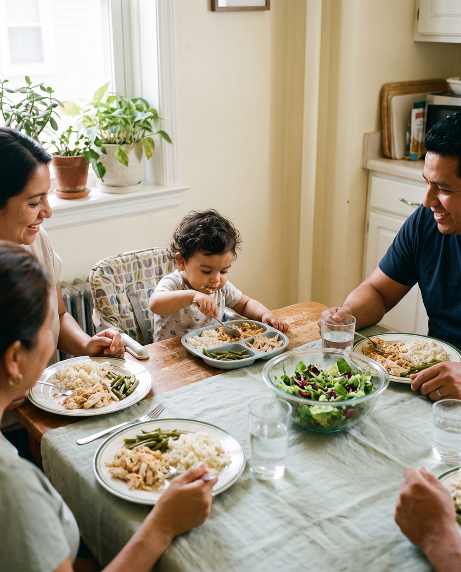 Familia almorzando con su hijo pequeño