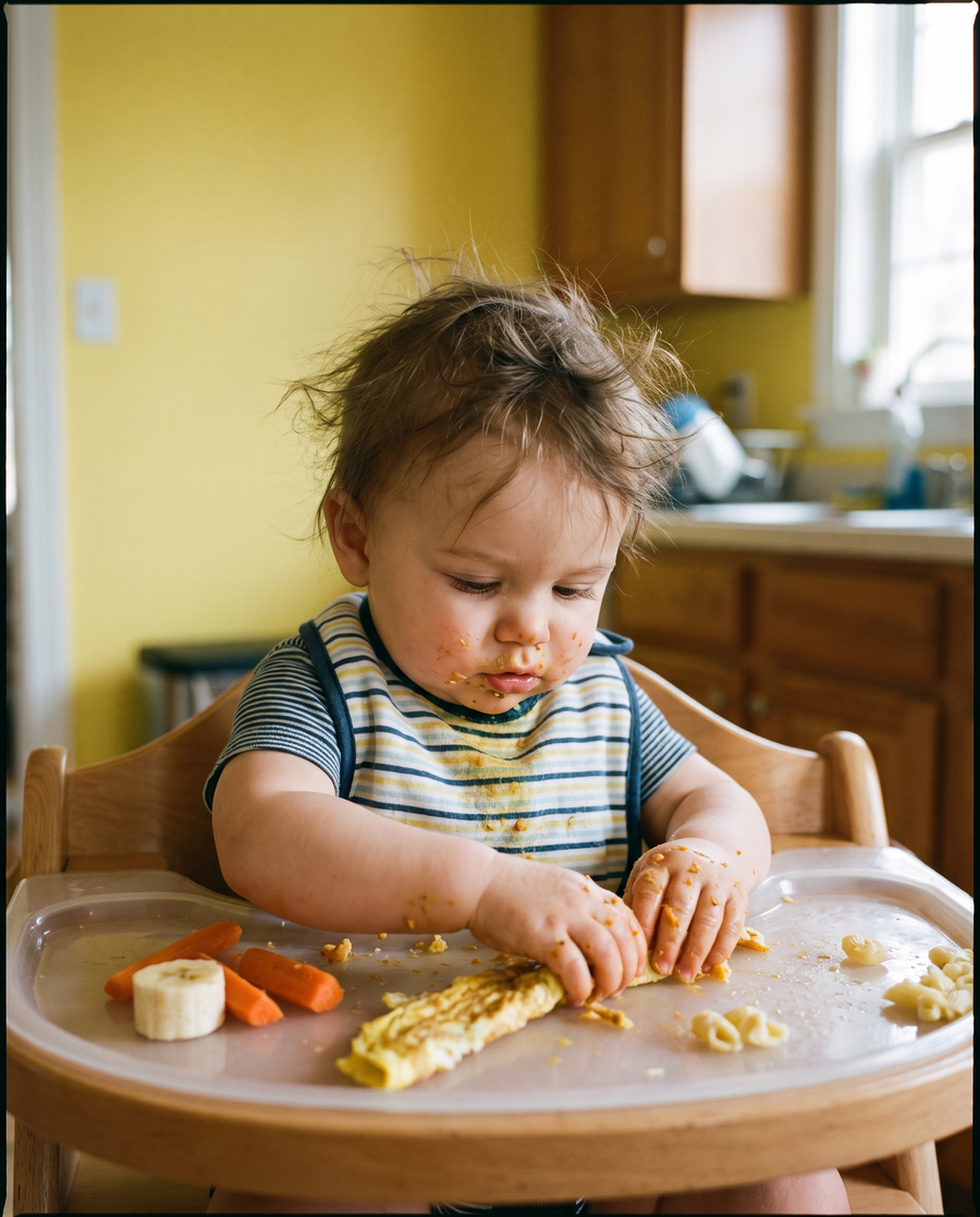 Bebé comiendo trozos de comida con las manos